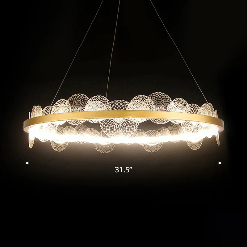 Transparante hanglamp vlokken, retro stijlvolle acryl LED-kroonluchter met gouden ring Clearhalo