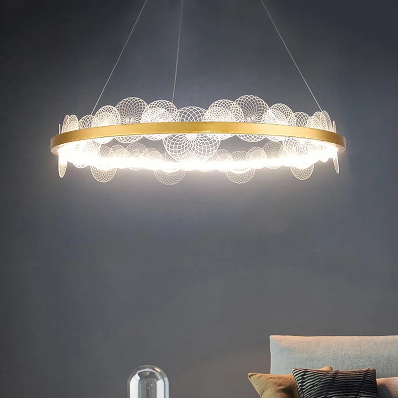 Transparante hanglamp vlokken, retro stijlvolle acryl LED-kroonluchter met gouden ring Clearhalo