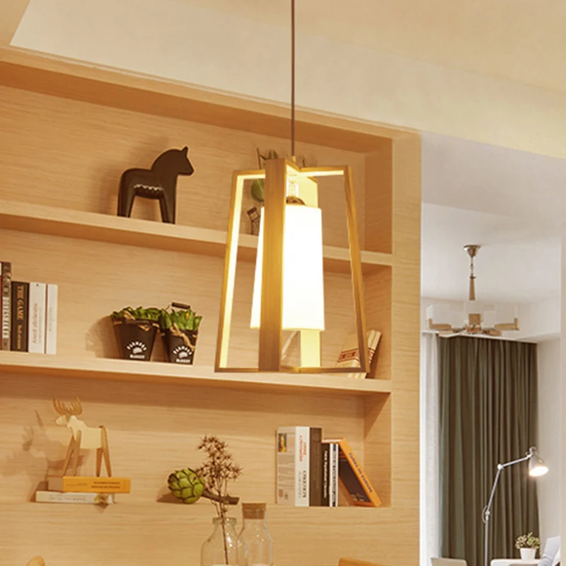 Trapezium hanglamp Azië hout 10"/11" breed 1 kop beige plafond hanglamp met cilindrische stoffen kap Clearhalo