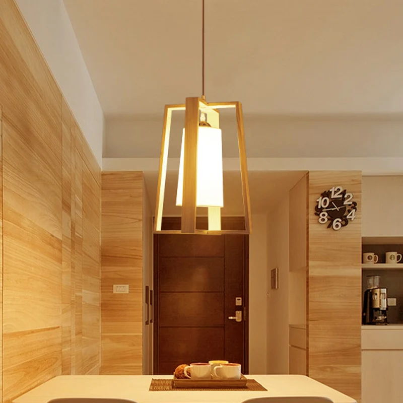 Trapezium hanglamp Azië hout 10"/11" breed 1 kop beige plafond hanglamp met cilindrische stoffen kap Clearhalo
