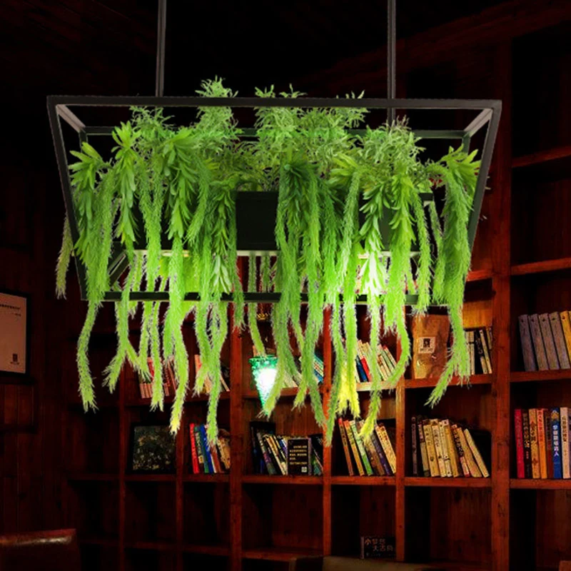 Trapezium restaurant eiland plafondlamp retro metaal 2 koppen zwarte LED-druppellamp met plantendecor Clearhalo