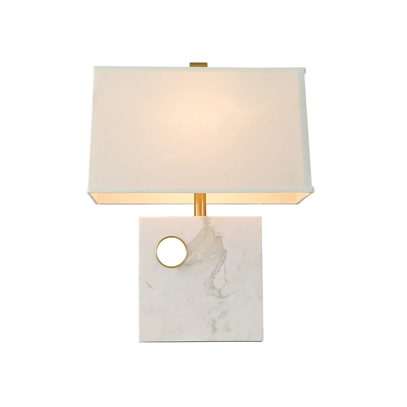 Trapeziumvormige stoffen taaklamp Moderne 1-kops witte kleine bureaulamp met vierkante marmeren voet Clearhalo