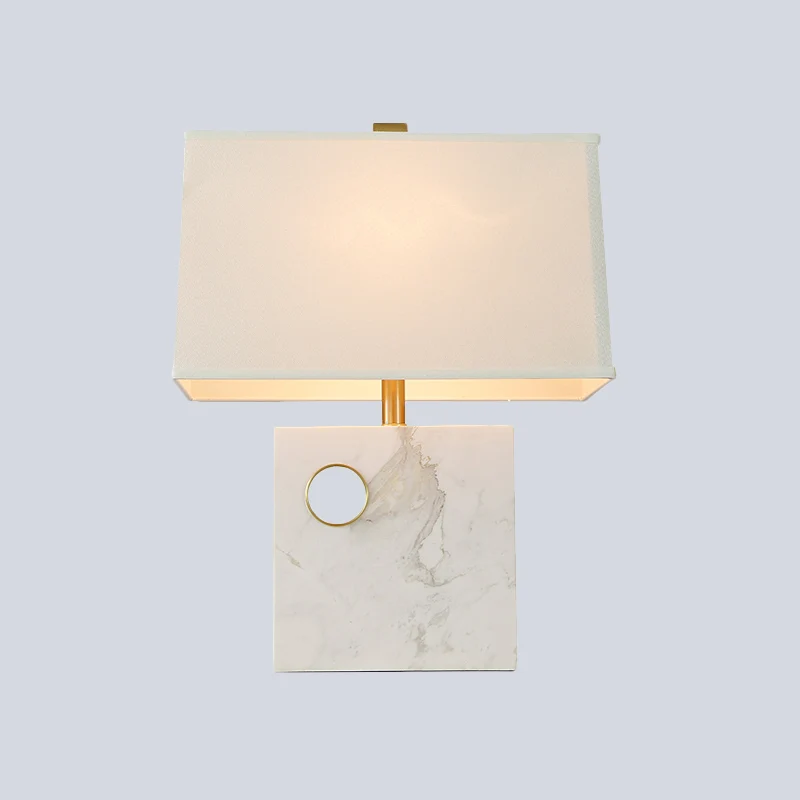 Trapeziumvormige stoffen taaklamp Moderne 1-kops witte kleine bureaulamp met vierkante marmeren voet Clearhalo