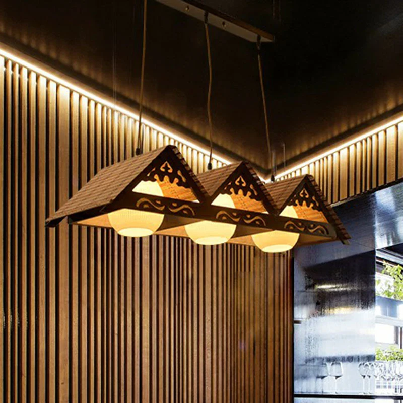 Triangle Roof Restaurant Suspension Light Bamboo Chinese Island hanglamp hout Clearhalo