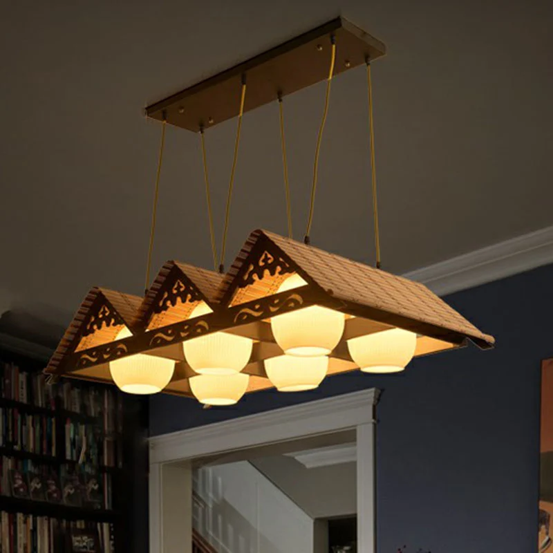 Triangle Roof Restaurant Suspension Light Bamboo Chinese Island hanglamp hout Clearhalo
