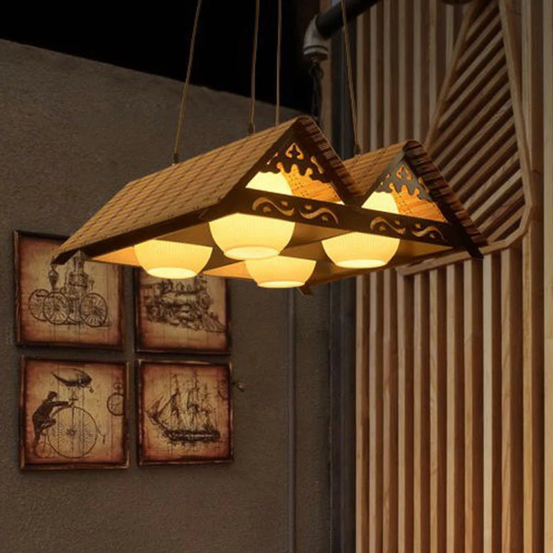 Triangle Roof Restaurant Suspension Light Bamboo Chinese Island hanglamp hout Clearhalo