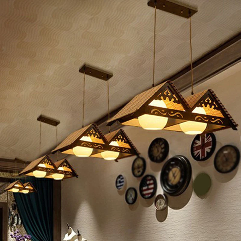Triangle Roof Restaurant Suspension Light Bamboo Chinese Island hanglamp hout Clearhalo