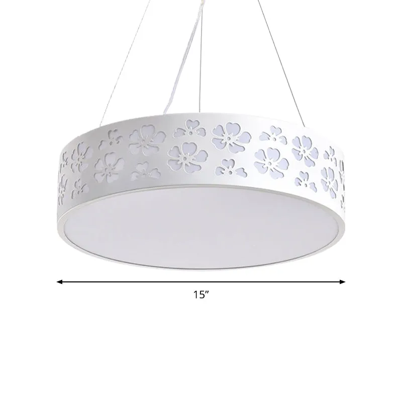 Trommelhanglamp Noordse metalen LED witte plafondlamp met geëtste bloem wit/warm/natuurlijk licht, 12"/15"/19" breed Clear...