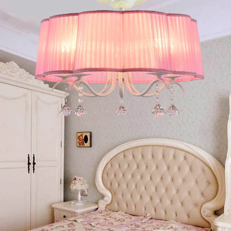 Trommelkroonluchter voor slaapkamer, 5 lampen stof semi-inbouwlamp voor meisjes met heldere kristallen decoratie moderne s...