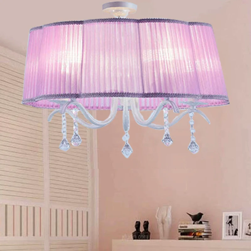 Trommelkroonluchter voor slaapkamer, 5 lampen stof semi-inbouwlamp voor meisjes met heldere kristallen decoratie moderne s...