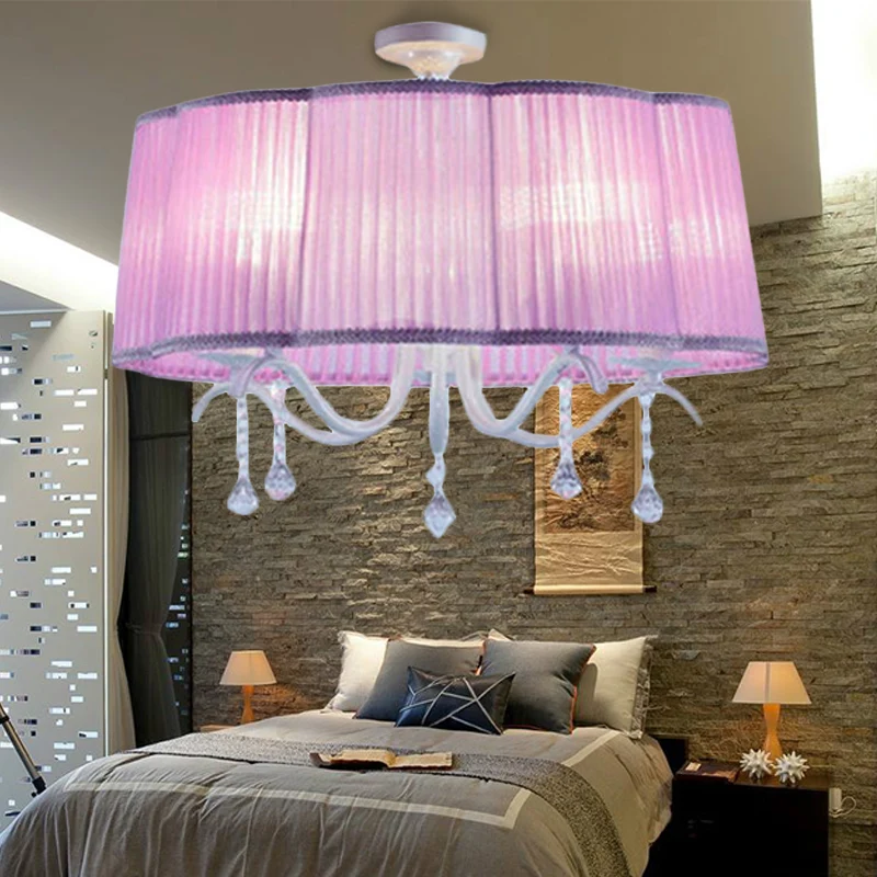 Trommelkroonluchter voor slaapkamer, 5 lampen stof semi-inbouwlamp voor meisjes met heldere kristallen decoratie moderne s...