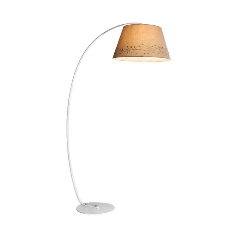 Trommelleesvloerverlichting Eenvoudig stof 1 lamp Beige staande lamp met gebogen arm voor woonkamer Clearhalo