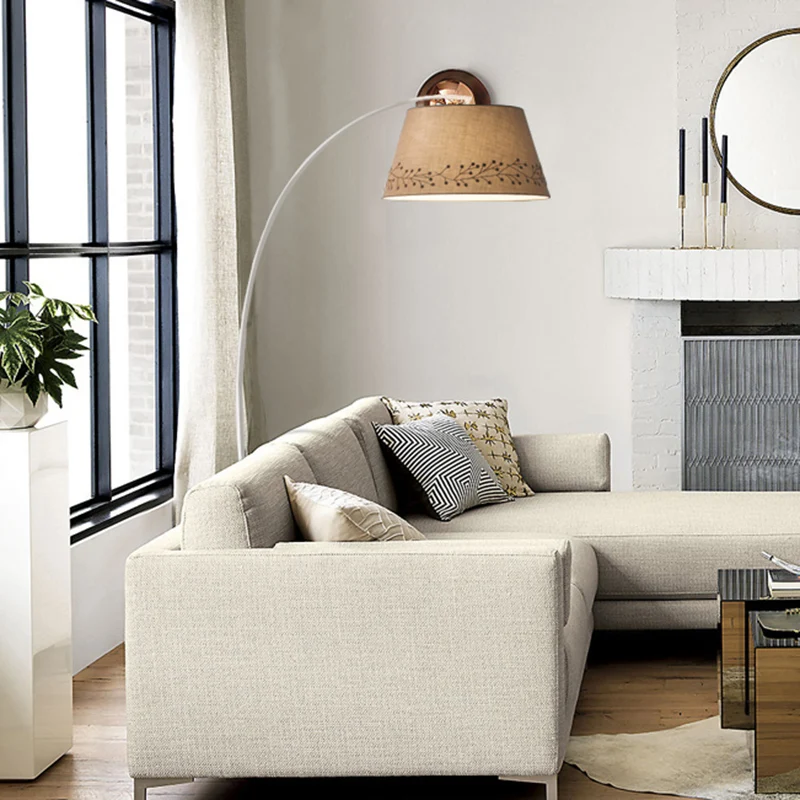 Trommelleesvloerverlichting Eenvoudig stof 1 lamp Beige staande lamp met gebogen arm voor woonkamer Clearhalo
