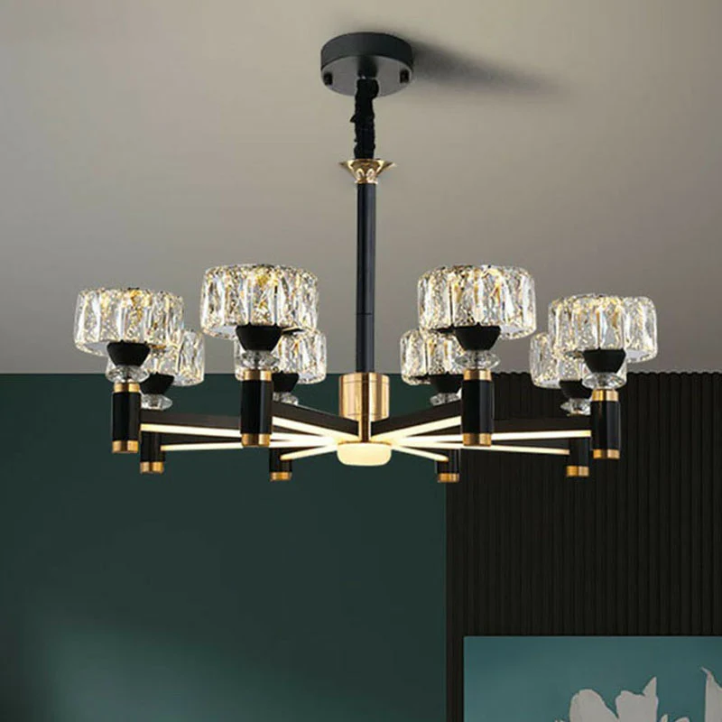 Trommelvormige hangende lamp, moderne afgeschuinde kristallen woonkamerkroonluchter zwart Clearhalo