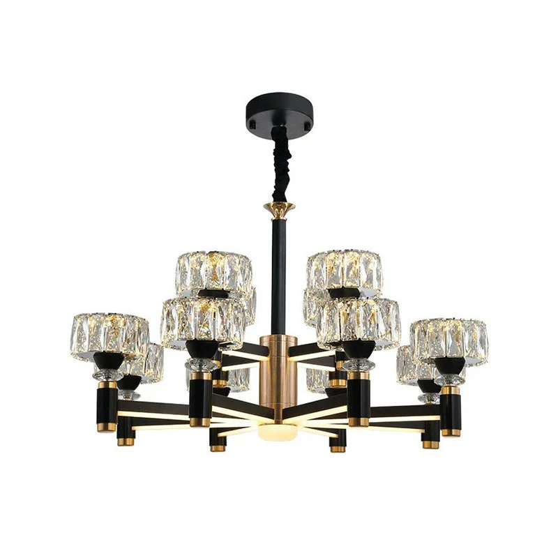 Trommelvormige hangende lamp, moderne afgeschuinde kristallen woonkamerkroonluchter zwart Clearhalo