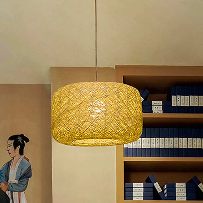 Trommelvormige hanglamp Aziatisch rotan 1-lamps salon-hanglampset vlas Clearhalo