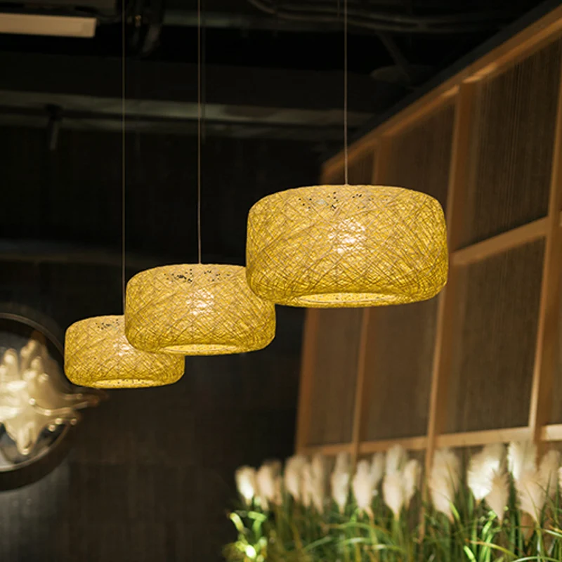 Trommelvormige hanglamp Aziatisch rotan 1-lamps salon-hanglampset vlas Clearhalo