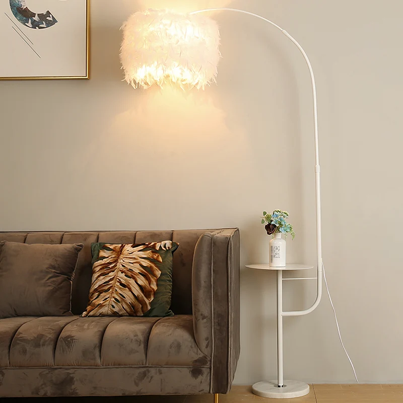 Trommelvormige veren staande lamp Nordic 1-lamps zwart/witte zwanenhals vloerlamp met/zonder dienblad Clearhalo
