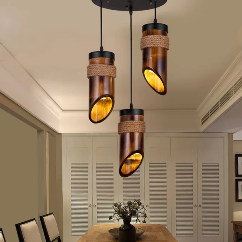 Tube bamboe hanglamp Drielichts retro hanglamp bruin voor eetkamer Clearhalo