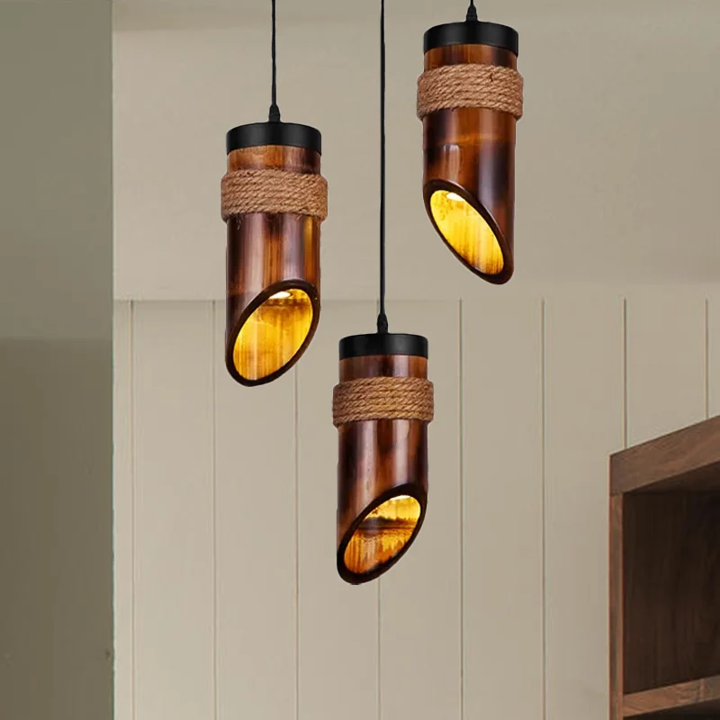 Tube bamboe hanglamp Drielichts retro hanglamp bruin voor eetkamer Clearhalo