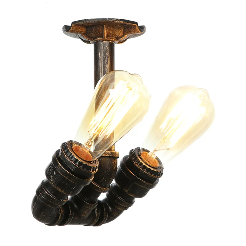 Tubing Indoor Semi Flush Industrieel Metallic 2 Lichts Antiek Messing/Verouderd Zilver/Antiek Brons Plafondlamp Clearhalo