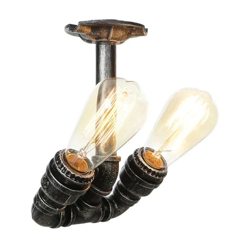 Tubing Indoor Semi Flush Industrieel Metallic 2 Lichts Antiek Messing/Verouderd Zilver/Antiek Brons Plafondlamp Clearhalo