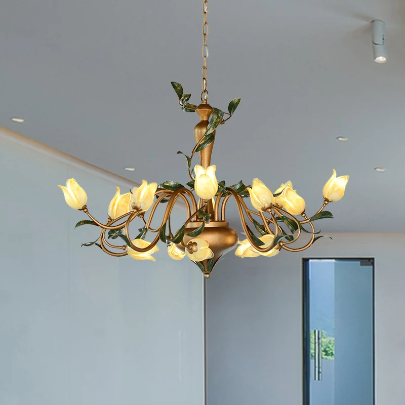 Tulp metalen kroonluchter hanglamp romantisch pastoraal 15 koppen woonkamer LED-ophangverlichting goud Clearhalo