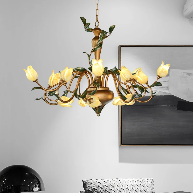 Tulp metalen kroonluchter hanglamp romantisch pastoraal 15 koppen woonkamer LED-ophangverlichting goud Clearhalo