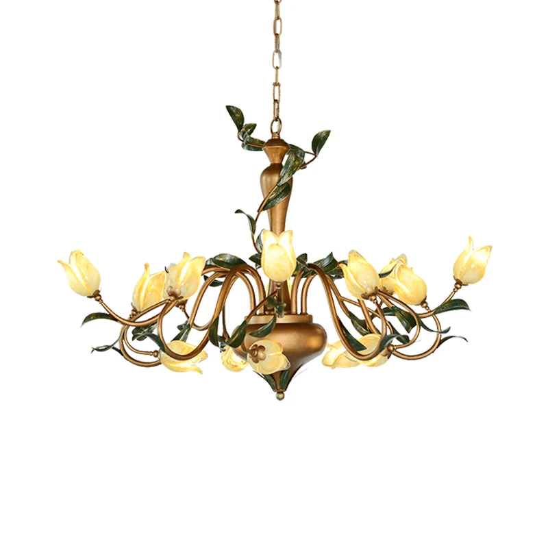 Tulp metalen kroonluchter hanglamp romantisch pastoraal 15 koppen woonkamer LED-ophangverlichting goud Clearhalo