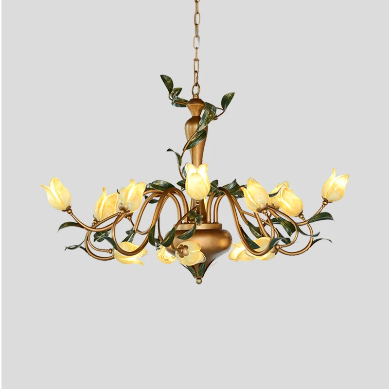 Tulp metalen kroonluchter hanglamp romantisch pastoraal 15 koppen woonkamer LED-ophangverlichting goud Clearhalo