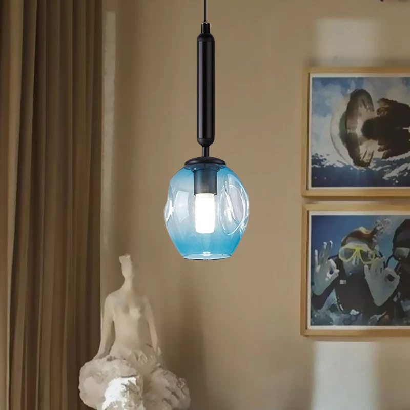 Tulp Nachtkastje Hangende Verlichting Blauw/Rookgrijs Gedeukt Glas 1 Licht Modernistische Hanglamp Armatuur Zwart/Goud Cle...