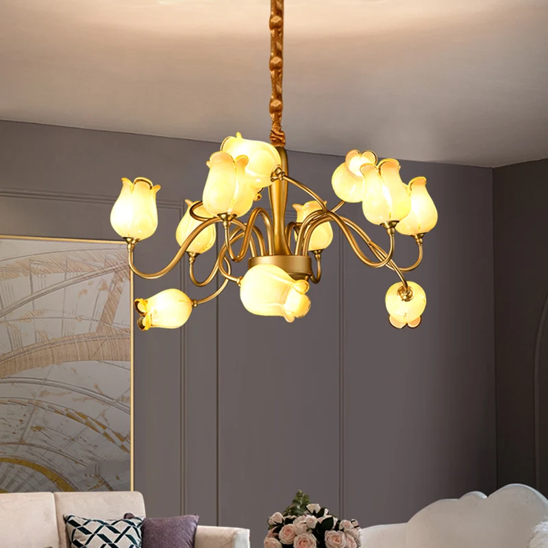 Tulp Slaapkamer Plafondkroonluchter Amerikaanse Tuin Metaal 12 Hoofden Gouden LED Hanglamp Clearhalo