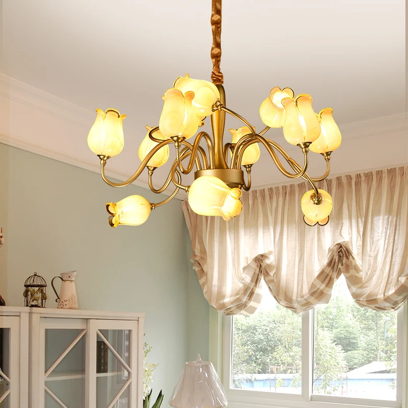 Tulp Slaapkamer Plafondkroonluchter Amerikaanse Tuin Metaal 12 Hoofden Gouden LED Hanglamp Clearhalo