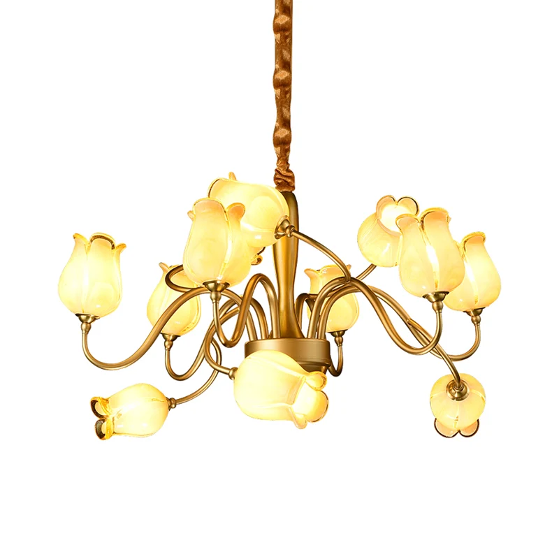 Tulp Slaapkamer Plafondkroonluchter Amerikaanse Tuin Metaal 12 Hoofden Gouden LED Hanglamp Clearhalo