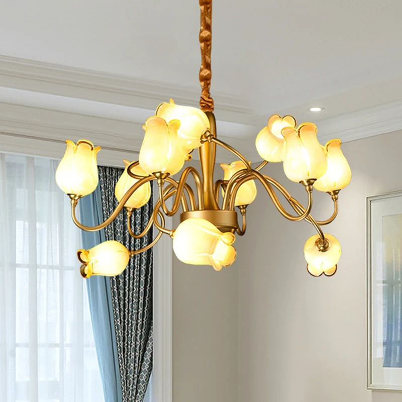 Tulp Slaapkamer Plafondkroonluchter Amerikaanse Tuin Metaal 12 Hoofden Gouden LED Hanglamp Clearhalo