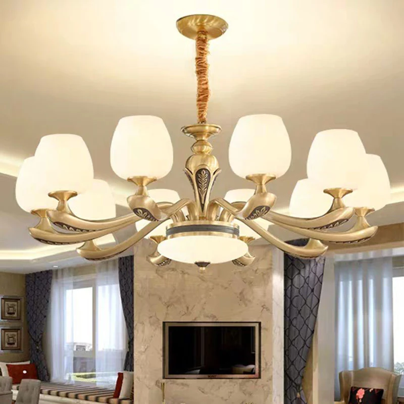 Tulp Wit Glazen Hangende Kroonluchter Eigentijdse Gouden Ophanging Hanglamp voor Woonkamer Clearhalo