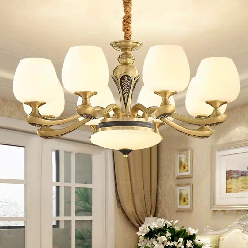 Tulp Wit Glazen Hangende Kroonluchter Eigentijdse Gouden Ophanging Hanglamp voor Woonkamer Clearhalo