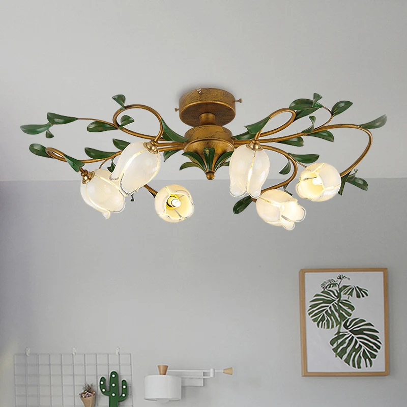 Tulp wit/geel glazen semi-inbouwlamp Traditionele 6-lichts eetkamer plafondgemonteerde kroonluchter messing Clearhalo