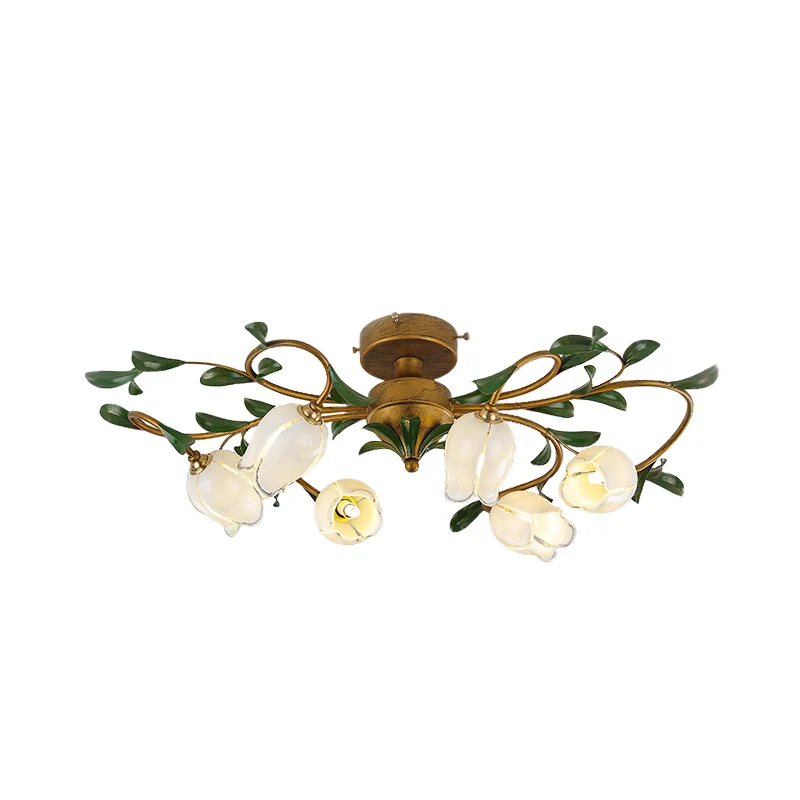 Tulp wit/geel glazen semi-inbouwlamp Traditionele 6-lichts eetkamer plafondgemonteerde kroonluchter messing Clearhalo