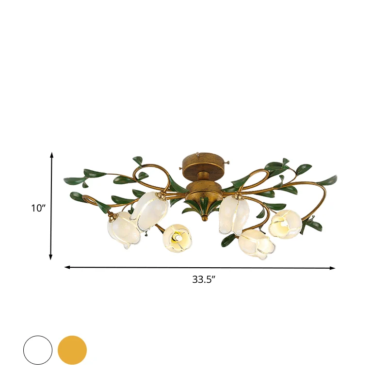 Tulp wit/geel glazen semi-inbouwlamp Traditionele 6-lichts eetkamer plafondgemonteerde kroonluchter messing Clearhalo