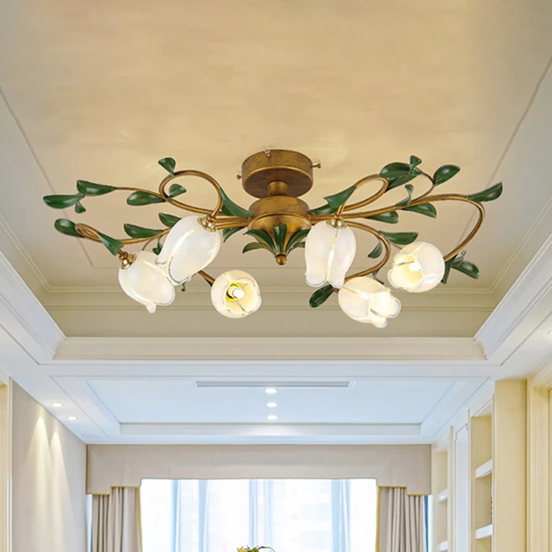 Tulp wit/geel glazen semi-inbouwlamp Traditionele 6-lichts eetkamer plafondgemonteerde kroonluchter messing Clearhalo