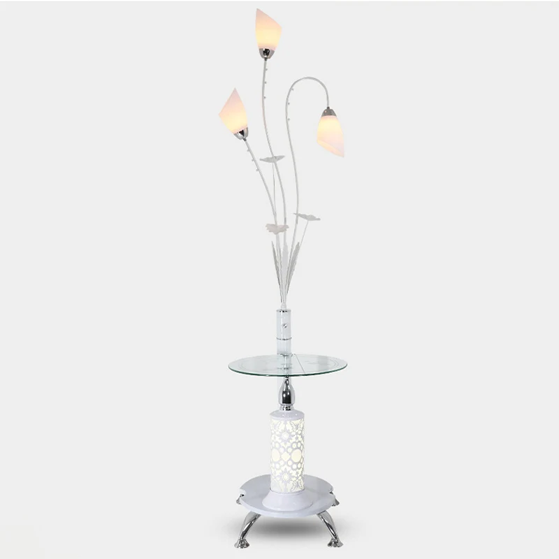 Tulp woonkamer vloerlamp rustiek ivoorkleurig glas 3-lichts witte staande lamp met tafel Clearhalo