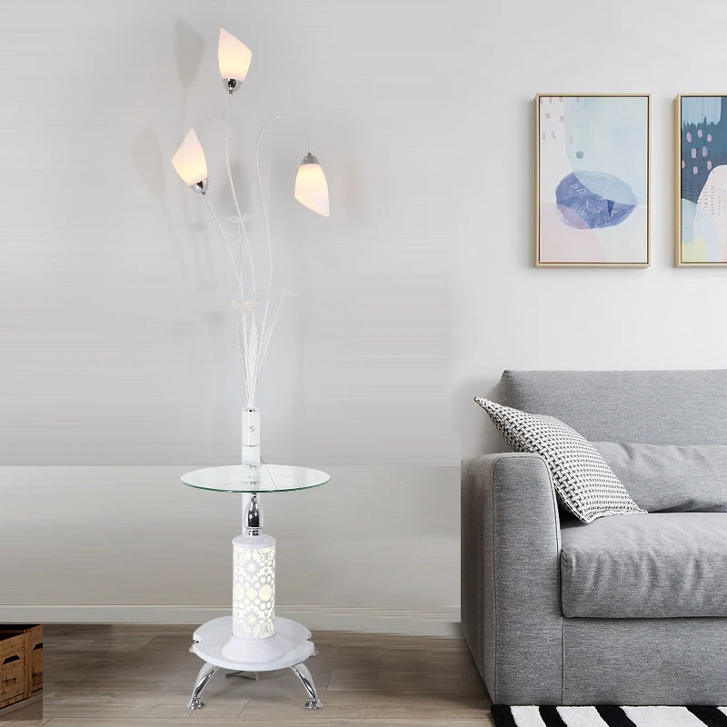 Tulp woonkamer vloerlamp rustiek ivoorkleurig glas 3-lichts witte staande lamp met tafel Clearhalo