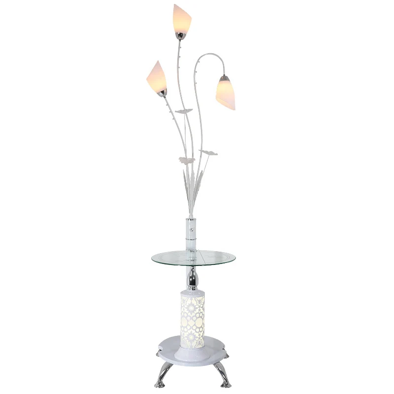 Tulp woonkamer vloerlamp rustiek ivoorkleurig glas 3-lichts witte staande lamp met tafel Clearhalo