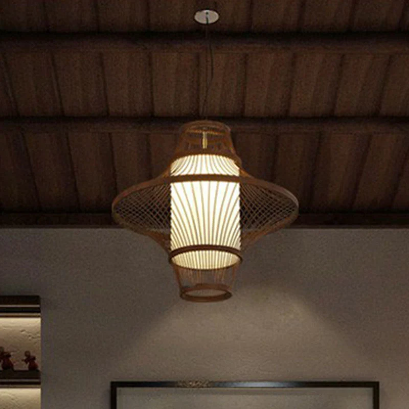 Uitlopende bamboe hanglamp Aziatische enkele lamp ophangverlichting met witte kap aan de binnenkant Clearhalo