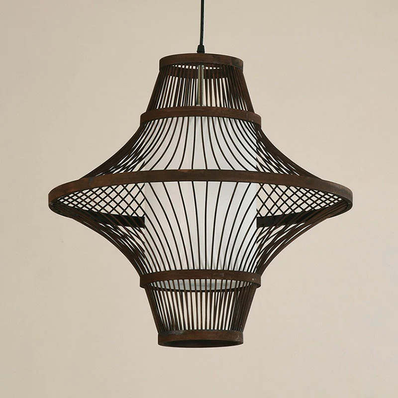 Uitlopende bamboe hanglamp Aziatische enkele lamp ophangverlichting met witte kap aan de binnenkant Clearhalo