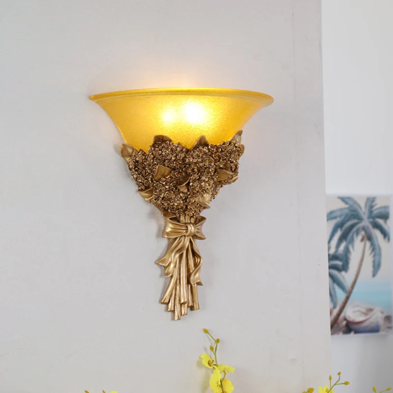 Uitlopende ganglamp Wandlamp Vintage amber/wit glas 1 lichtblauw/gouden bloem Schanslamp Clearhalo