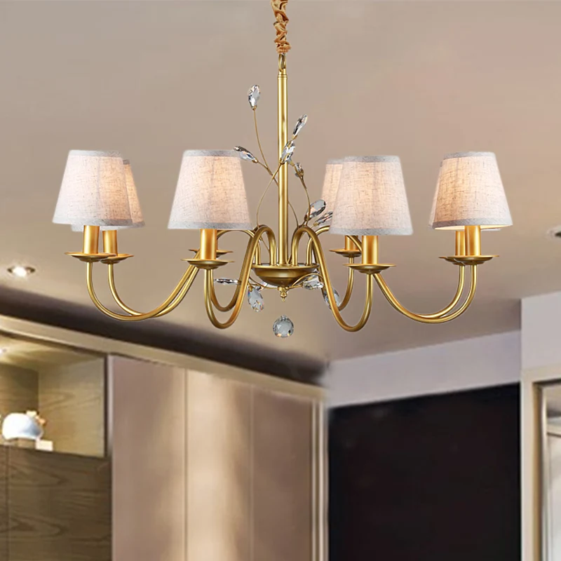 Uitlopende hangende kroonluchter, hedendaagse stof, schaduwrijk 6/8 lichts, messing plafondlamp met kristallen accenten Cl...