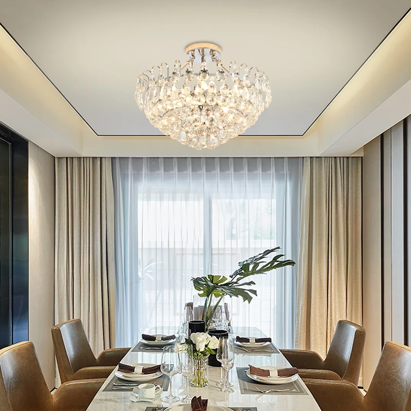 Uitlopende kristallen semi-plafondlamp Modern 4-lichts chroom binnenverlichting voor eetkamer Clearhalo