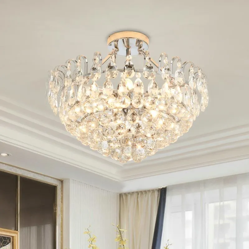 Uitlopende kristallen semi-plafondlamp Modern 4-lichts chroom binnenverlichting voor eetkamer Clearhalo